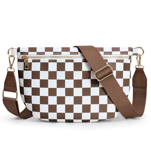 KALIDI Checkered Crossbody Bags for Women Travel Flat Fanny Packs for Woman Men Nylon Cross Body Purse Fashion Belt Bum Bag - color: Brown Checkered