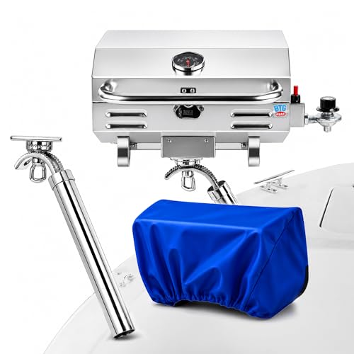 Tailwaves Marine Boat Grill w/Rod Holder Mount | Stainless Steel | Propane Boats & Tailgating & Camping | Built in Thermometer | Portable | Fold-away legs