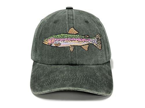 Fishing Baseball Cap for Men Women, Adjustable Embroidered Hat | Fishing Gear, Outdoor Adventure Design, Precision Embroidery Craft, One Size Adjustable Fit - color: Rainbow Trout (Washed Army Green)