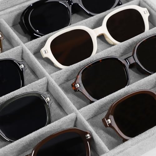Wudygirl Jewelry organizer Sunglass Organizer 8 Slot Velvet Jewelry Tray Sunglasses Case with Lid Multi Eyeglass Case for Women Men（8 Grid - color: Gray, size: 8 Grid