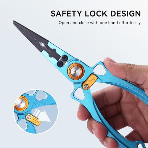 Fishing Pliers Hook Remover, Saltwater Split Ring Pliers with Safety Lock, Fishing Gear with Sheath and Lanyard, Fishing Gifts for Men - color: Blue