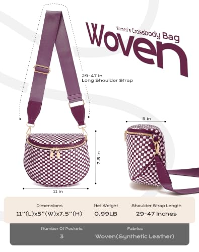 Trendy Woven Checkered Crossbody Bum Bag for Women，PU Leather Checkered Purse Fanny Packs Belt Bag (Woven Bum Bag - Wine Red White) - color: Woven Bum Bag - Wine Red White