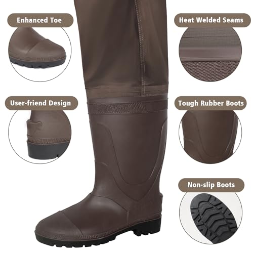 Trudave Chest Waders for Men with Boots, 2-Ply Nylon/PVC Waterproof Fishing & Hunting Waders for Men and Women - color: Brown, size: M14
