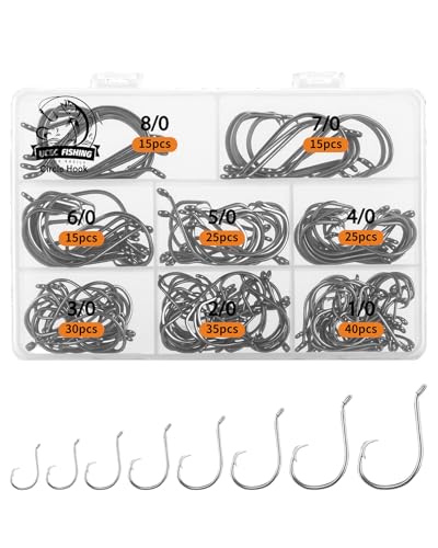 UCEC Circle Hooks Fishing Hooks 2X Strong Offset Circle Hooks Saltwater Black High Carbon Steel Octopus Catfish Hooks Fishing Gear Tackle 150pcs/ 240pcs - Size:#1 1/0 2/0 3/0 4/0 5/0 6/0 8/0 - color: Silver Assortment, size: 200pcs,1/0 2/0 3/0 4/0 5/0 6/0