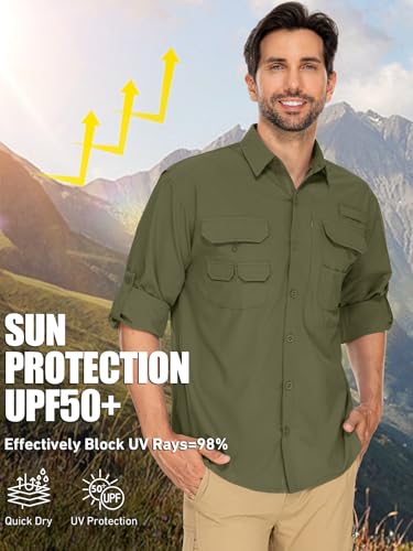 linlon Mens Safari Shirts Long Sleeve UV Protection Hiking Fishing UPF 50+ Quick Dry Cooling Camping Travel Shirts - color: 0live Green, size: X-Large