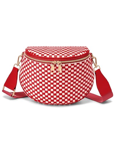 Trendy Woven Checkered Crossbody Bum Bag for Women，PU Leather Checkered Purse Fanny Packs Belt Bag (Woven Bum Bag - Red White) - color: Woven Bum Bag - Red White
