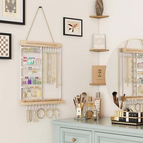 Feyejade Hanging Jewelry Organizer and Storage, 5-Tier White Earring Necklace Holder Jewelry Display Organizer Stand Rack, Wall Mounted for Earrings Necklaces Bracelets and Rings, White - color: White, size: Standard