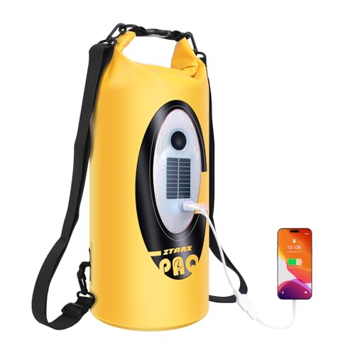 FELICON Waterproof Dry Bag Backpack with Bluetooth Speaker, 10L Roll Top Floating Sack, Solar & USB-C Powered Emergency Charger, RGB Light, Heavy Duty PVC for Kayaking Camping, Yellow - color: Yellow, size: 10L