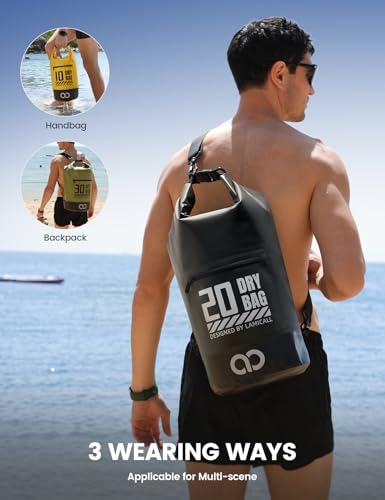 Lamicall Waterproof Dry Bag with Phone Pouch - 5L/10L/20L/30L/40L Floating Roll Top Backpack for Kayaking Boating Beach Camping Fishing - Heavy Duty 500D PVC Marine Dry Sack for Men, Women, Black 20L - color: Black, size: 20L