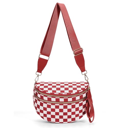 Checkered Crossbody Bum Bags for Women Nylon Checkered Purse Checkerboard Fanny Pack - color: A07-red