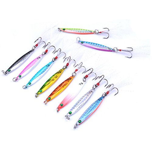Aorace 10pcs Hard Metal Jigs Diving Sea Fishing Lures Minnow Popper Baits Tackle Crankbait Saltwater Freshwater Lures with Feather - color: 10pcs 5cm/7g