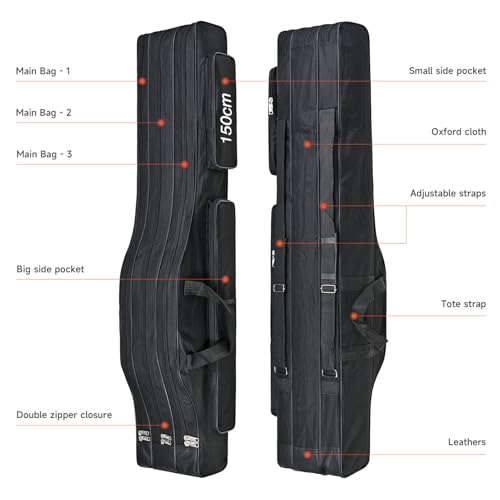 3 Layers Fishing Pole Bag,Portable 3 Layers Oxford Folding Rod Carry Case,Fishing Reel Tackle Storage Bag Case - color: Black, size: 150cm/59in