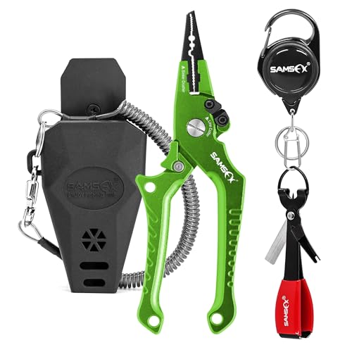 SAMSFX Aluminum Fishing Pliers Hook Remover Braid Line Cutter with Coiled Lanyard, Fly Fishing Knot Tying Tool & Retractors - color: Green Handle, Split Ring Nose