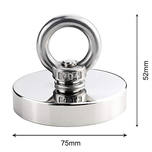 DIYMAG Strong Neodymium Fishing Magnets, 700 lbs(318 KG) Pulling Force Rare Earth Magnet with Countersunk Hole Eyebolt Diameter 2.95 inch(75 mm) for Retrieving in River and Magnetic Fishing - size: 75mm