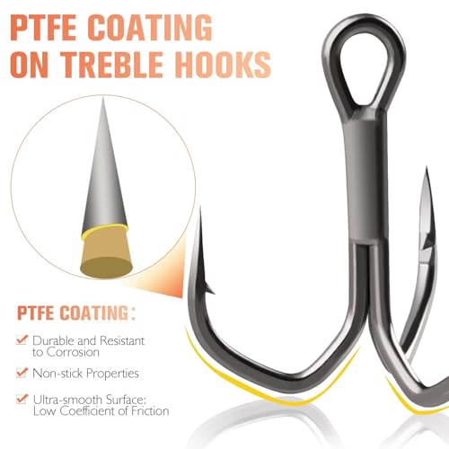 Dovesun Fishing Treble Hooks, Triple Hooks 3X Strong Professional V, 50PCS High Carbon Steel Replacement Fishing Hooks for Saltwater and Freshwater, Sizes #10#8#6#4#2 - color: PTFE Coating, size: #8 * 50PCS