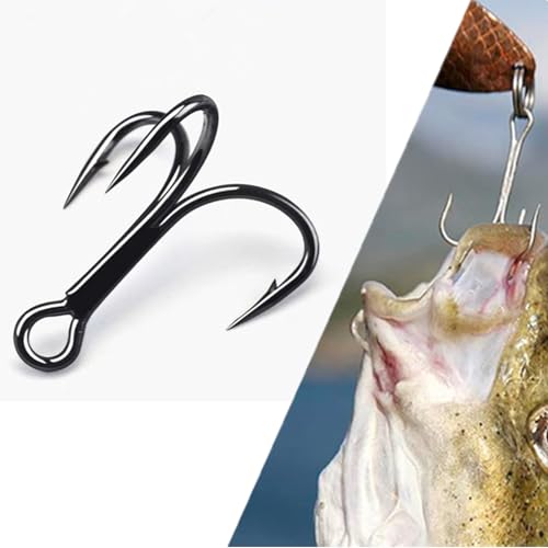 CAJOAUIS100pcs Fishing Treble Hooks Sharp Black Treble Fishing Hooks Round Bend Strong High Carbon Steel Barbed Fish Hook for Catfish Bass Trout Freshwater Saltwater Size: 2#-12# - size: 8#-100pcs