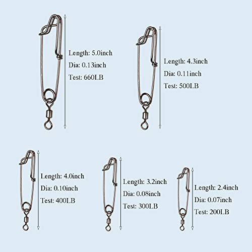 5pcs Longline Fishing Snap Clips Stainless Steel Floatline Tuna Clips with Rolling Swivel 5 Sizes - size: 5.0 inch(660LB)-5PCS