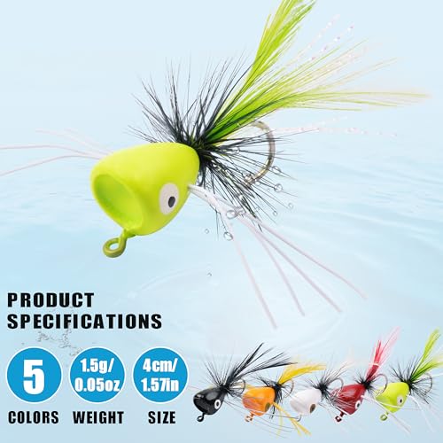 Fly Fishing Popper Lures Kit,Bass Poppers Flies Dry Fly Fishing Flies Panfish Bluegill Popper Bait Bug with Hooks for Freshwater - color: 20pcs Popper Lures Kit