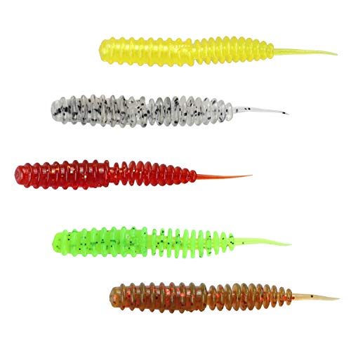 RUNCL Anchor Box - Paddle Tail Swimbaits, Soft Jerk Baits, 20/40/50/60pcs Soft Fishing Lures, Curved Tail Grubs - 3D Lifelike Eyes, Split/Boot/Curved/Straight/Thin Tail - 1/2/3/4/5in, Proven Colors - color: T - Straight Tail Worms (2-1/3in, 50pcs)