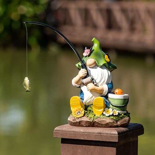 TERESA'S COLLECTIONS Resin Outdoor Statue with Solar Outdoor Lights for Garden Decor,Christmas Garden Gnome Fishing for Outside Yard Porch Patio Lawn,Ideal Gift for Women and Man 8.9" - size: Large