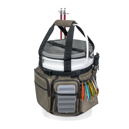 Fishing Bucket Organizer with Bucket Cover Fishing Tackle Bag with Rod & Plier Holder, Multi-Pockets for 5 Gallon Bucket Fishing Gear & Accessories Father Gifts - color: Khaki