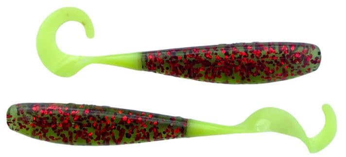 A.M. Fishing Curly Tail Jerkshad 4 Inch Soft Baits Garlic Infused,– 8 Pack – Saltwater & Freshwater Fishing Lures for Bass, Redfish, Snook, and Trout - color: Watermelon Red Chartreuse