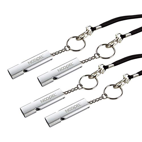 Noopel Emergency Whistles Lifeguard Safety Whistle with Lanyard and Keychain for Outdoor Camping Hiking Boating Backpacking Fishing Kayak Kids Rescue Signaling Loud Survival Whistle - color: 4 Pack Silver