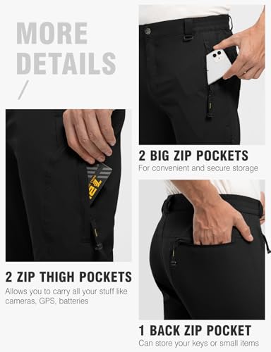 TBMPOY Men's Lightweight Hiking Pants with Belt 5 Zip Pockets Waterproof Quick-Dry Travel Fishing Work Outdoor Pants - color: A3-thin Black, size: Large