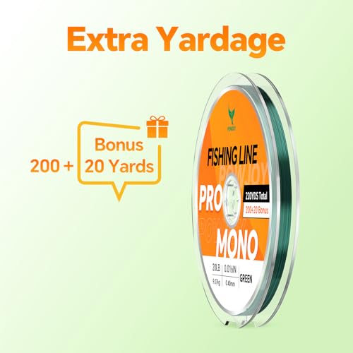 Monofilament Fishing Line with Knot Guide Card, Tangle-Free Snap Ring for No More Mess, Low Memory Smooth Casting Nylon Mono String, 15/20/30/50/80LB, 220-1050 Yards - color: Green, size: 20LB 220Yards