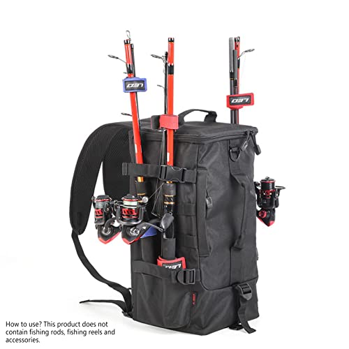 Fishing Backpack, 2 Fishing Rod Holders Fishing Tackle Backpack Without 4 Tackle Boxes, 17.4L Large Storage Fishing Gear Bag for Trout Fishing Outdoor Camping Hiking black