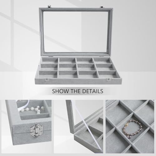 Wudygirl 12 Grid Jewelry Organizer Velvet Jewelry Tray with Clear Lid Jewelry Box Bracelet Holder Display Case Storage Bracelets Rings Earrings Organizer (12 Grid) - color: Gray, size: 12 Grid