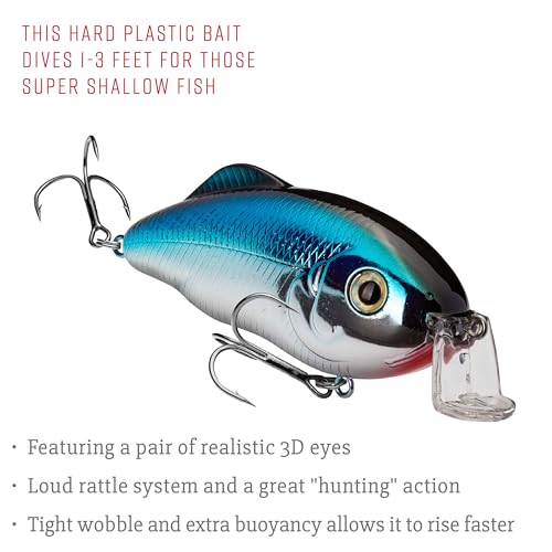 Strike King Hybrid Hunter Shallow Jr. Fishing Lure, Shallow Diving Crankbait, 90-Degree Bill, 3D Eyes, Loud Rattle, Dives 1 to 3-Feet,Size 4 & 6 Treble Hooks - color: Chrome Blue, size: 1/2 oz
