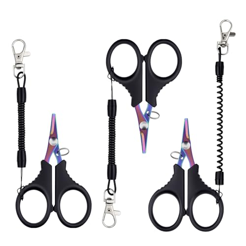3 Pieces Fishing Scissors, Stainless Steel Fishing Line Cutter &braided Line Cutter, Cutters with Titanium Coating-Fishing with Hook and Retractable Coil Lanyards Fishing Accessories (Colorful) - color: Colorful