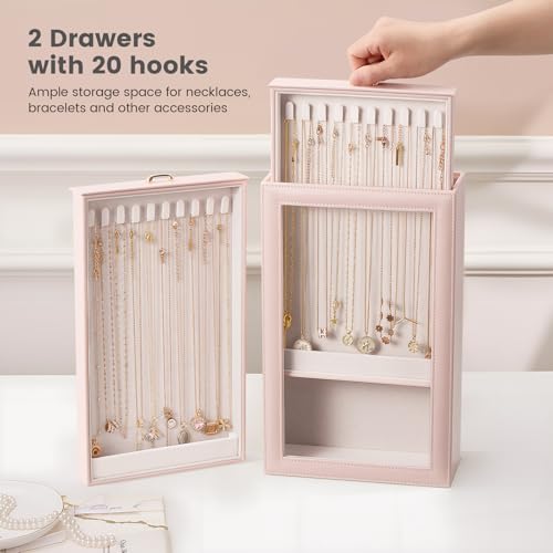 Lolalet Necklace Organizer Box, Jewelry Storage Box with Clear Window for Necklaces Bracelets, Tangle-Free Necklace Display Case for Women Girls, Pink, 2 Layers 20 Hooks - color: Pink, size: 2 Layers, 20 Hooks