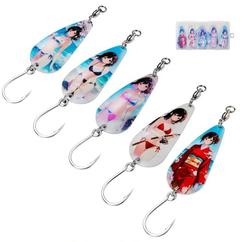 Spinner Spoons Hard Metal Fishing Bait Lures Kit for Pike Walleye Musky Bass Trout-3D Eyes & Treble/Single Hooks with Tackle Box in Freshwater and Saltwater - color: Color B-5PCS