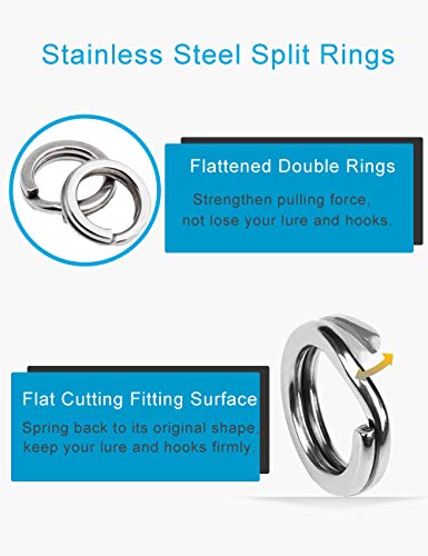 250pcs Fishing Split Rings Assortment Kit, Stainless Steel Double Flat Wire Snap Ring Lure Tackle Connector