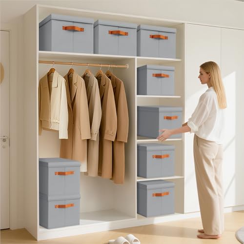 Homsorout Storage Bins with Lids - Large Fabric Closet Bins with Lid, 8 Pack Clothes Organizers and Storage, Collapsible Stackable Cube Basket for Home, Office, Dorm, Grey - color: Grey, size: XL(8-Pack)