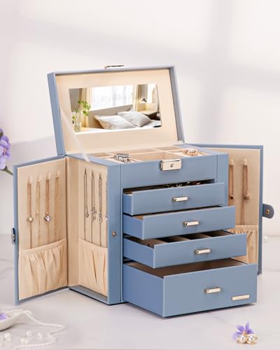 Homde Synthetic Leather Huge Jewelry Box Mirrored Watch Organizer Necklace Ring Earring Storage Lockable Gift Case (Grey Blue + Gold) - color: Grey Blue + Gold