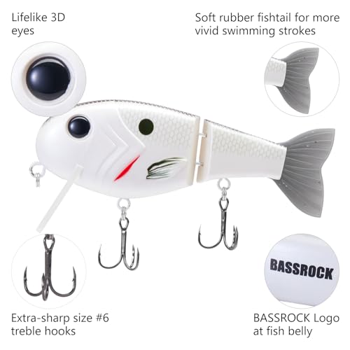 BASSROCK Topwater Fishing Lures for Bass Pike Salmon Floating Swimbait Jointed Crankbait Freshwater Saltwater 4.9in/1.76oz RK1001 - color: White Shad, size: 3.9in/1.04oz