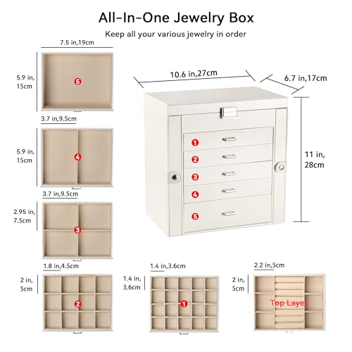Frebeauty Large Jewelry Box,6-Tier PU Leather Jewelry Organizer,Multi-functional Storage Case with Mirror,Accessories Holder with 5 Drawers for Necklace Bracelets Watches(Pearl White) - color: Pearl White, size: Large