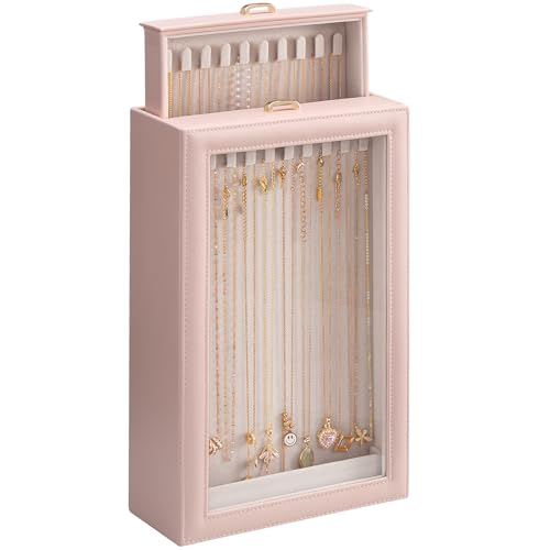 Lolalet Necklace Organizer Box, Jewelry Storage Box with Clear Window for Necklaces Bracelets, Tangle-Free Necklace Display Case for Women Girls, Pink, 2 Layers 20 Hooks - color: Pink, size: 2 Layers, 20 Hooks