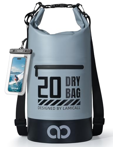 Lamicall Waterproof Dry Bag with Phone Pouch - 5L/10L/20L/30L/40L Floating Roll Top Backpack for Kayaking Boating Beach Camping Fishing - Heavy Duty 500D PVC Marine Dry Sack for Men, Women, Grey 20L - color: Blueish Gray, size: 20L