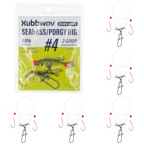 Seabass/Porgy Rig, 6-Pack Hand-Tied Double Drop Saltwater Bottom Fishing Rigs, 50lb or 40lb Mono Leader, #1#2#4 Gold Baitholder Hooks with 3-Way Swivel for Scup Fluke Snapper - size: #4 Baitholder Hooks