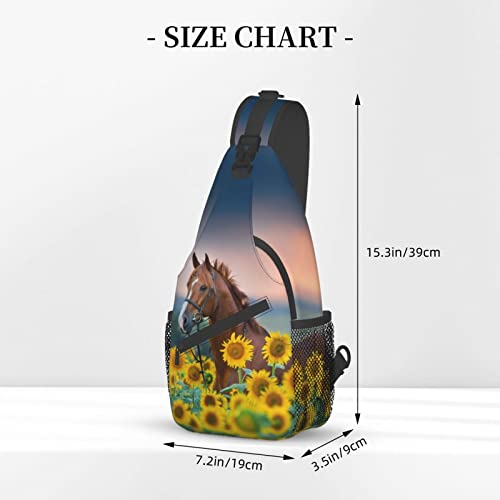 Sunflower Horse Print Sling Bag Crossbody Backpack for Men Women Red Stallion in Bridle Portrait in Sunflowers Chest Bag Casual Sling Shoulder Backpack Travel Hiking Daypack Outdoors - color: Horse in Sunflowers