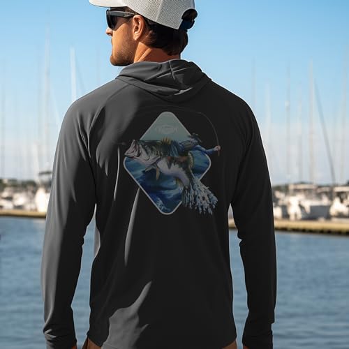 Palmyth Fishing Hoodie for Men Long Sleeve Sun Protection UV UPF 50+ Shirts - color: Black/Cowboy Rides Bass, size: XX-Large