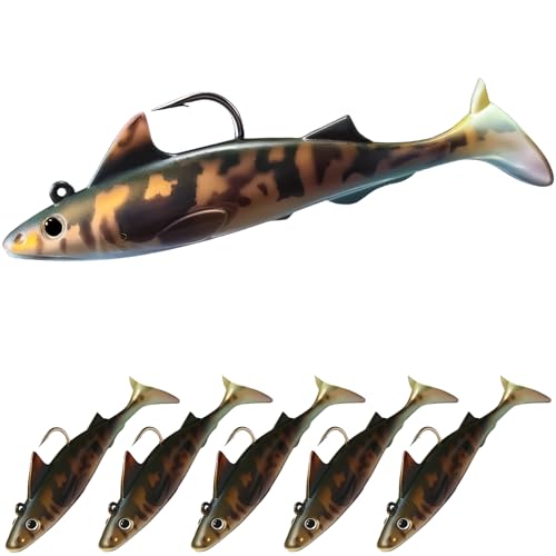 Pristis 6 pcs Sharkita Jig Head Soft Fishing Lures, Plastic Pre-Rigged Paddle Tail Shark Shad Swimbaits, Durable Sinking Worm Bait Set Gear Kit for Saltwater Freshwater Bass Crappie Walleye Trout - color: Puffadder Shyshark