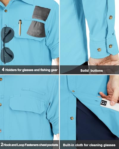 33,000ft Men's Long Sleeve Sun Protection Shirt UPF 50+ UV Quick Dry Cooling Fishing Shirts for Travel Safari Camping Hiking - color: Bright Blue, size: XX-Large