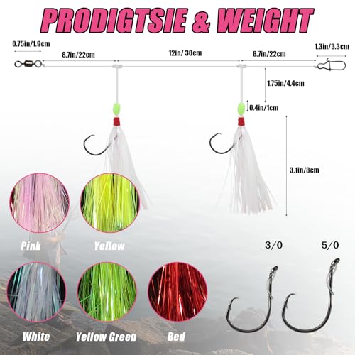 Eupheng Fluke Flounder Hi-Lo Rig, 3/0 5/0 5PCS Saltwater Fishing Bait Rigs with Mylar Teaser for Surf Ocean Fishing Sea Bass Halibut Rockfish Cod - size: Circle Hook-#3/0-5PCS