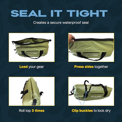 Malo’o Waterproof Dry Duffel, Heavy-Duty Roll Top Waterproof Gear Bag with Shoulder Strap & Molle Loops, Marine Duffel for Kayaking, Boating, Camping, Beach & Travel, Dark Green, 100L - color: Dark Green, size: 100L