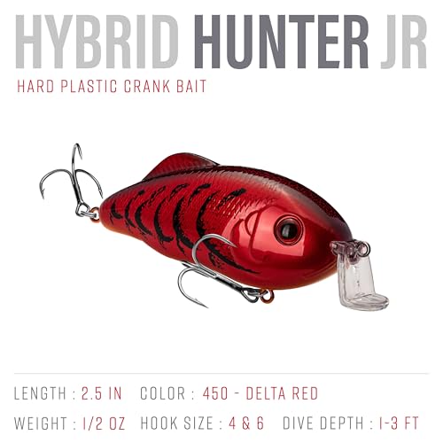 Strike King Hybrid Hunter Shallow Jr. Fishing Lure, Shallow Diving Crankbait, 90-Degree Bill, 3D Eyes, Loud Rattle, Dives 1 to 3-Feet,Size 4 & 6 Treble Hooks - color: Delta Red, size: 1/2 oz